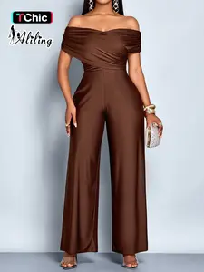 Aliling Elegant Casual Chic Women's Basic Solid Color One-Piece Jumpsuit, Shoulder Cut Out High Waist Straight Leg Pants, All Seasons Slim Fit