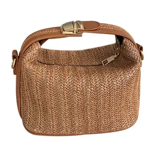Straw Beach Bag For Women, Summer Small Bucket Crossbody Bag With Lock Closure & Top Handle, Casual Woven Handbag Perfect For Vacation, Travel And Daily Outings