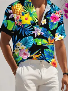 Men's casual and fashionable short sleeved shirt with summer Hawaiian style, black background, colorful flowers, pineapple, fully printed mesh fabric, comfortable and breathable, beach vacation, daily commuting, trendy top