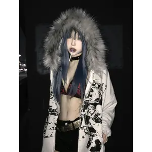 Faux Fur American Vintage Coats with Hooded Women's y2Sweatshirts Gothic Harajuku Subculture Punk Emo Sweatshirts and Jacket