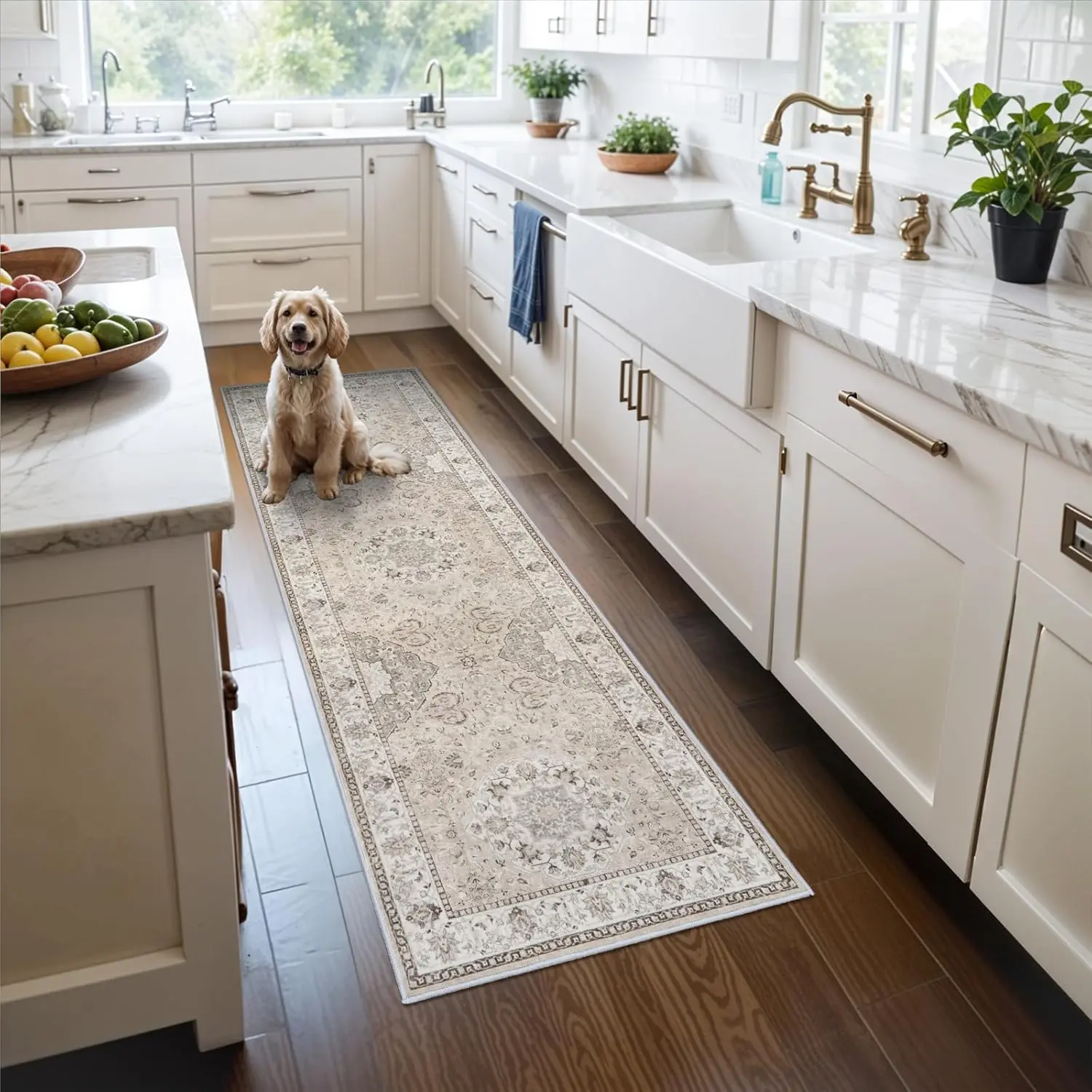 Washable Vintage Runner Rug, Distressed Farmhouse Long Floor Runner with Non Slip Backing, Stain Resistant Soft Area Carpet for Hallway, Kitchen, Laundry Room, Entryway, Living Room, Bedroom & Bathroom