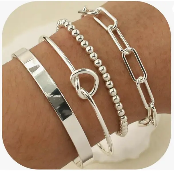 4-Piece Bracelet Set for Women, Silver Plated Layered Stack Bangles with Cuff, Love Knot & Paperclip Link Chain, Adjustable Tarnish Resistant Fashion Jewelry, Bracelet Design