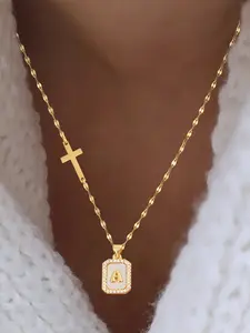 Cross Rectangle Initial Pendant Necklace for Women, Classic Stainless Steel Lip Chain Necklace for All Seasons, Casual Style Jewelry, Rectangular Pendant Necklace, Fashionable Jewelry