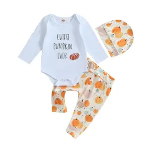 Imcute Newborn Baby Boy Clothes My First Halloween Pumpkin Romper Bodysuit  Long Sleeve Pants Hat 3Pcs Outfits Set