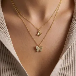 Christmas New Year Gold Layered Butterfly Sweater Chain, Double Chain Cubic Zirconia Butterfly Pendant Necklace, Dainty Holiday Jewelry Gift for Women Girls