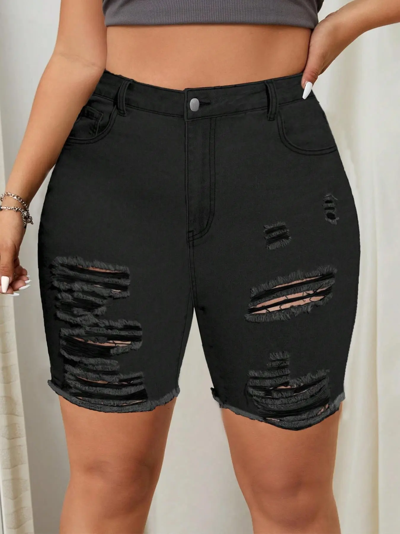 Plus Size Women's High Waist Ripped Stretch Denim Mom Shorts, Fashion Casual Basic Denim Shorts for Daily Outdoor Wear, Women's Summer Bottom, Frayed Denim Short