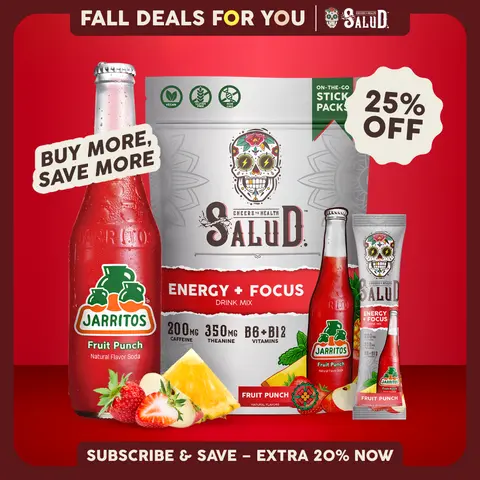 Salud x Jarritos 2-in-1 [Energy + Focus - Fruit Punch] Clean Energy Drink Mix, Agua Fresca, Organic Caffeine, B6 & B12, L-Theanine, Drink Packets, Non-GMO, Gluten Free, Vegan, Low Calorie, 1g Sugar (15 Servings)