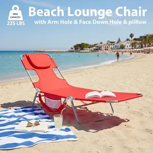 Folding Adjustable Chaise Lounge Chair, Portable Beach Lounge Chair with Backpack Straps & Side Pocket for Outside, Patio, Poolside, Lawn, Red.