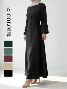 Muslim Women Islamic Abaya Dress, Ramadan Festival Attire, Tie-Back with Hidden Pockets, Comfortable and Stylish, Modest Fitted Plain Design [Does not include hijab]
