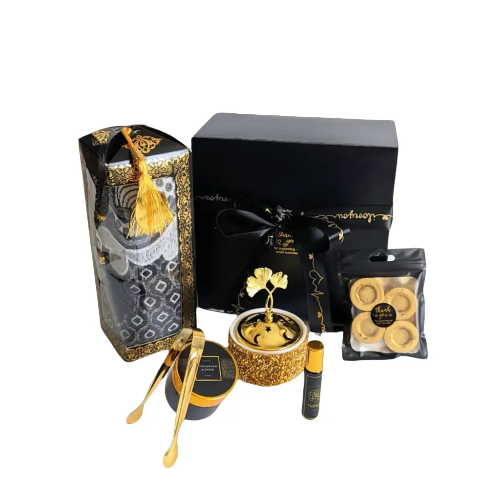Luxury Islamic Cotton Prayer Set Bundle - 1 Luxury Cotton Prayer Rug, 1 Black Pearl Tasbih, Perfume, Bakhoor (2 Scents Including Marine) for Ramadan, Eid Modest Fashion Equipment, Two Scents, One Black Pearl Tasbih