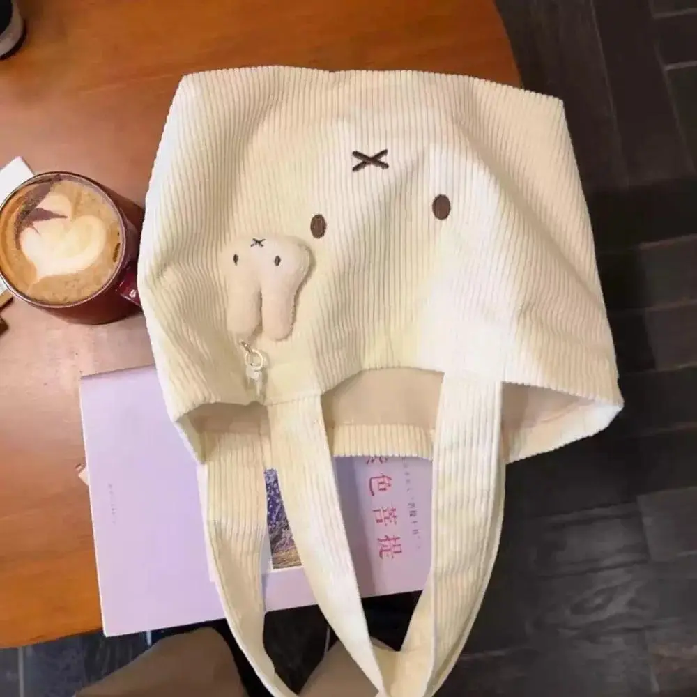 Kawaii Miffy Bunny Corduroy Tote Bag Cute Cartoon Handbag for Fans White Bunny Plush Tote Bag Large Capacity Shoulder Bag Gift