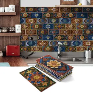 Bohemian Style Retro Vinyl Tile, Waterproof & Moisture-proof Stick-on Backsplash Sticker, Sticker Tiles, Decorative Tile for Kitchen, Bathroom, Laundry Room, RV & Fireplace, Tile Stickers