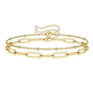 Good Luck Bracelet Minimalist Double Layer Rice Bead & Paperclip Bracelet 14K Gold Plated Hypoallergenic Adjustable 6"+2" Extender Elegant Women's Jewelry Fashion Accessories