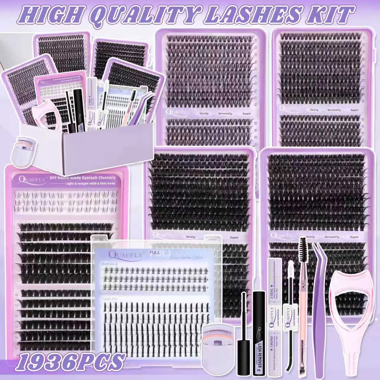 QUAFFLY Lash Extension Kit 1936pcs DIY Lash Clusters Eyelash Extension Kit Individual Lashes +Spike Lashes +Bottom Lashes Kit with Lash Bond and Seal Lash Remover Tweezers Dual-Ended Brush Lash Curler Mascara Shield For Self Use