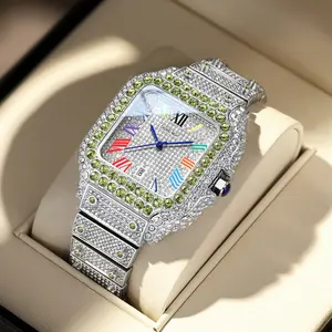 Men's 42mm Square Face Silver Moissanite Quartz Watch - Olive Green Diamond Bezel, Colorful Roman Dial, Waterproof Bustdown Design, Bold Statement Hip Hop Luxe Jewelry, Ideal for Hip Hop Fashion Enthusiasts, Relojes para Hombres