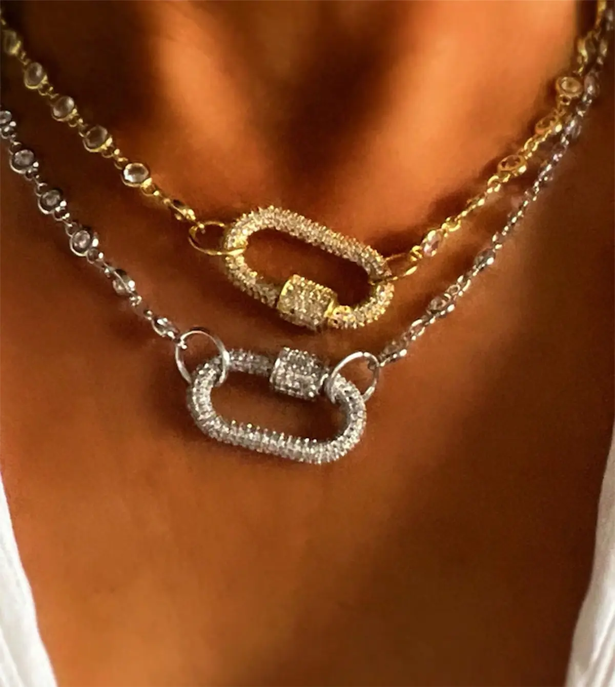 1pc Diamond Station Carabiner Necklace,Link Chain Necklace,Gold Link Chain Necklace Cz Station Necklace,Carabiner Necklace. Gold OR Silver