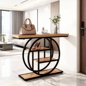 LustreC 41.3" Console Table, Industrial 4-Tier Sofa Table Entryway Table with Circle Base, Narrow Wood Accent Tables with Storage Shelves for Living Room, Hallway, Foyer, Rustic Brown