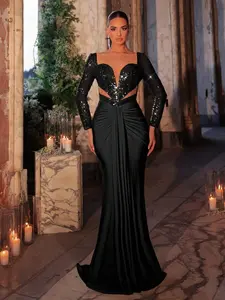 Elegant Formal Evening Dress, Long Sleeve Beaded Sequins Decoration, Stretchy Slim Fit Gown, Perfect for Parties & Special Occasions, Womenswear