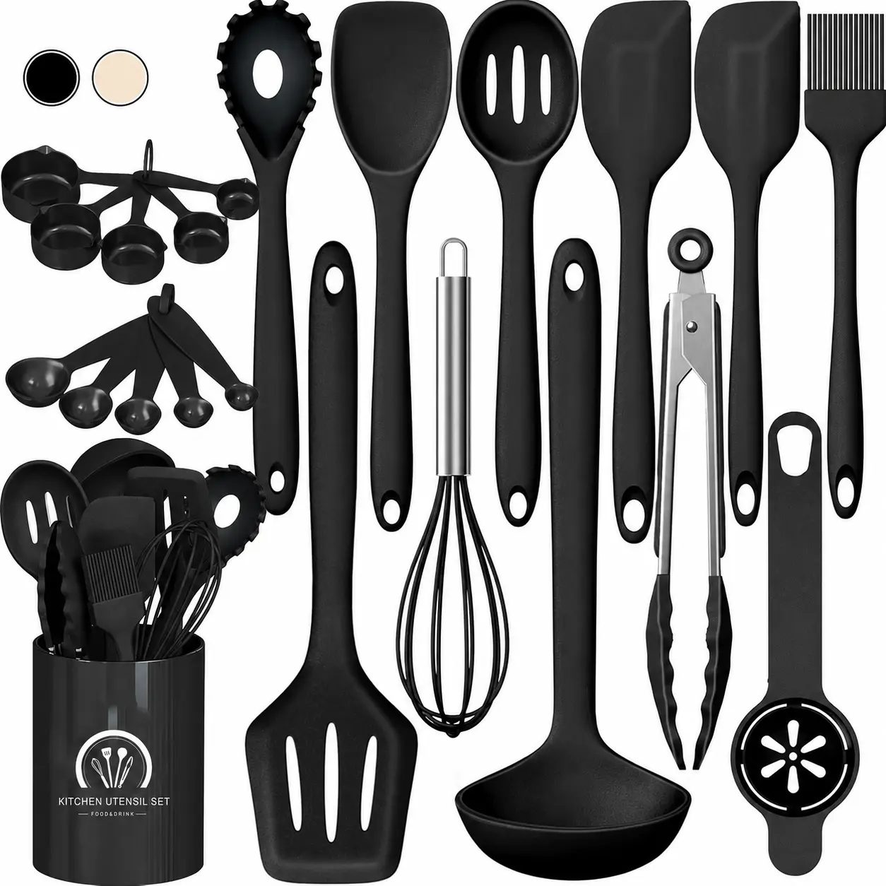 AISOON 22-Piece Silicone Cooking Utensil Set - Chef-Approved Nonstick Kitchen Kit with Spatula, Spoon, Whisk, Ladle, Fork, Pasta Tongs, Turner - Heat-Resistant, Dishwasher-Safe, Khaki