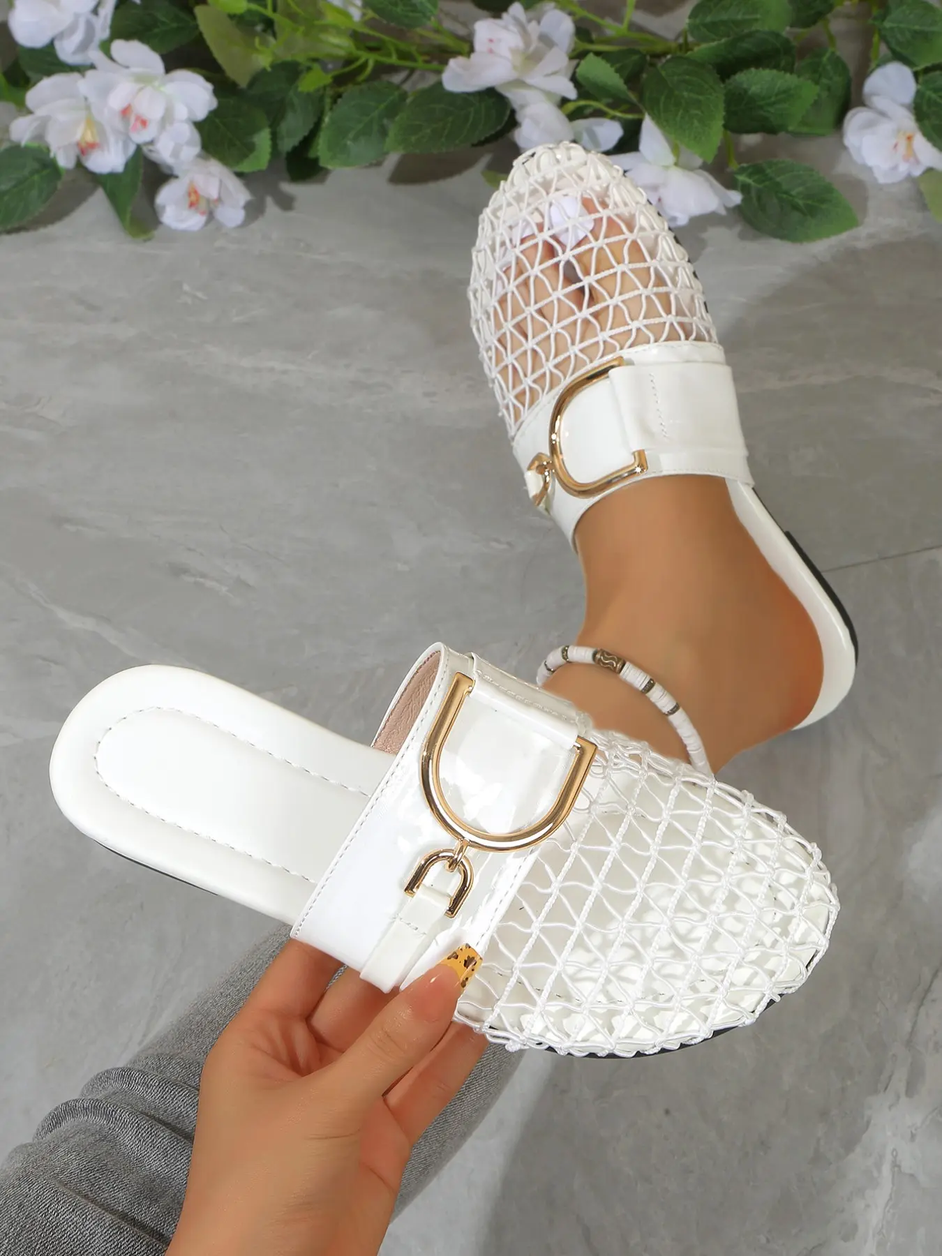 Women's Flat Sandals, Mesh Toe, Buckle, Boho Style, Breathable Summer Footwear, Versatile Two-Way Wear, Fashionable and Elegant, Flat Slippers Sandals