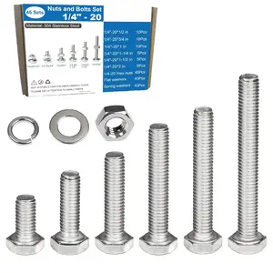180 count 1/4-20 Nuts and  Assortment Kit, 1/4"-20 Thread 6 Sizes 2" 1-1/2" 1-1/4" 1" 3/4" 1/2" Long 1/4-20 Hex , Hex Nuts Flat Washers, Spring Washers SAE 304 Stainless Steel