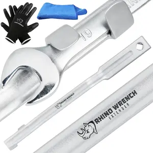Rhino Wrench Extender Tool Bar - Extra-Long 15 Inch Wrench Extension for Maximum Leverage - Torque Multiplier with Non-Slip Gloves and Microfiber Towel - Solid Steel Tools ()