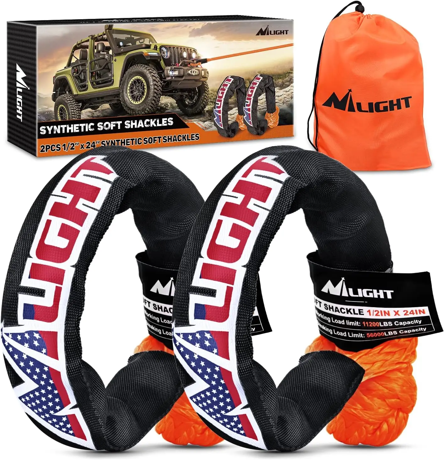 Nilight Heavy Duty Synthetic Soft Shackle Rope - 2PCS 1/2 in x 24 in, 56000 LBS Breaking Strength with Extra Sleeves, Knot Tighten Loop for SUV, UTV Truck Off-Road Towing, Father's Day Gift
