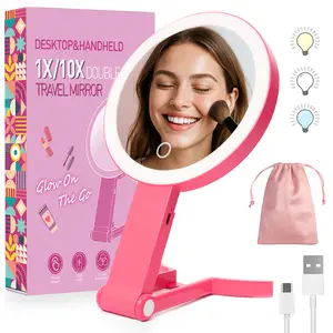 LED Makeup Mirror 10X/1X Dual Sided,Brightness Adjustable,Desk Mirror 360° Rotation/Handheld/Hanging,Foldable Mirror with Storage Pouch Portable for Travel, Home & Vanity,Luxury Makeup Accessories,Gifts for Women, Rechargeable Hand Mirror