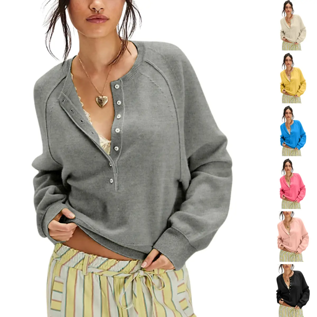 Molitree Women's Cropped Henley Sweater V Neck Button Front Long Sleeve Knit Pullover Loose Fit Casual Fall Tops