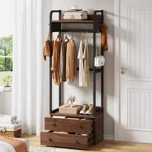 LITTLE TREE Freestanding Closet Organizer Small Clothes Rack Coat Rack with Drawers and Shelves Hanging Metal