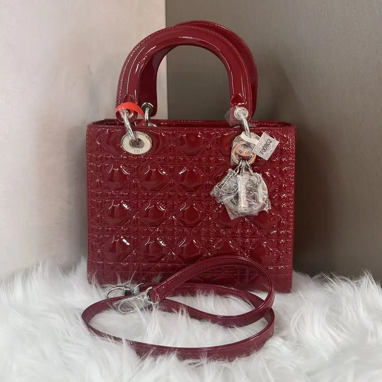 Pre-owned Dior leather tote bags Medium Lady D‑Joy Burgundy Glossy Patent Cannage Quilted Hand‑carry Bag+charm rrr