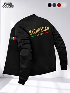 Men's Casual Jacket with Mexican Letter Print, Stylish Design with Zipper Pockets, Long Loose-Fitting Sleeve for Fall & Winter Fashion