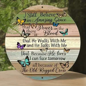 Inspirational Round Metal Tin Sign Wall Decor with Power in the Blood and I Still Believe in Amazing Grace Design Antique Look Religious Plaque, Retro Inspirational Art for Kitchen & Living Room