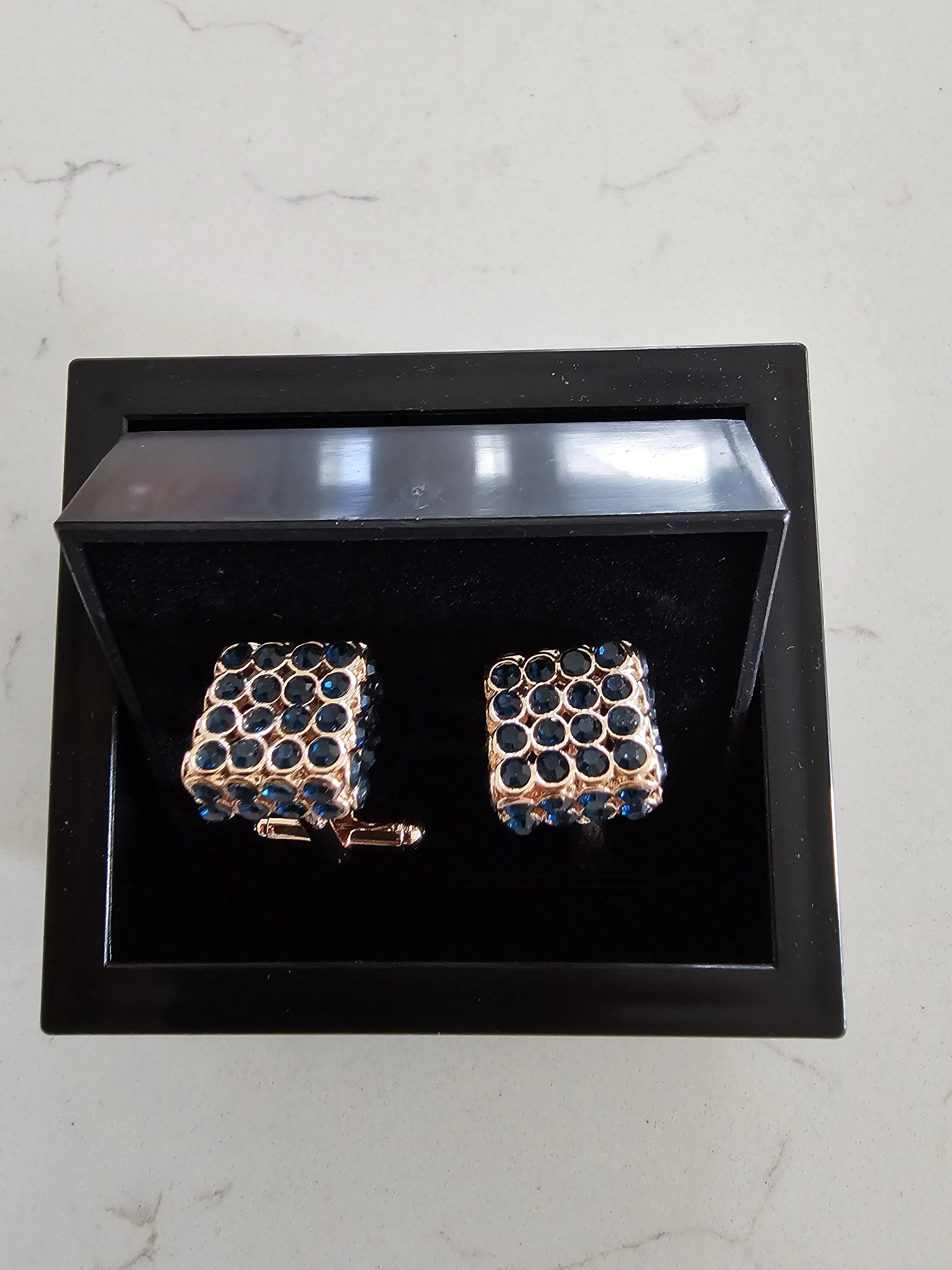 Gold Square Cufflinks, Sapphire Blue Pave Crystals, Geometric Pattern, Formal Suit Accessories