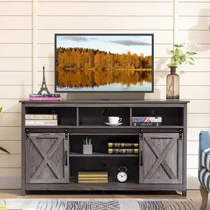 57In Farmhouse TV Stand for 60/65 inch TV, Rustic Wooden Entertainment Center TV Cabinet with Power Outlets, TV Center Media Console Table with Storage Shelves and Sliding Barn Door, Grey/White/Brown