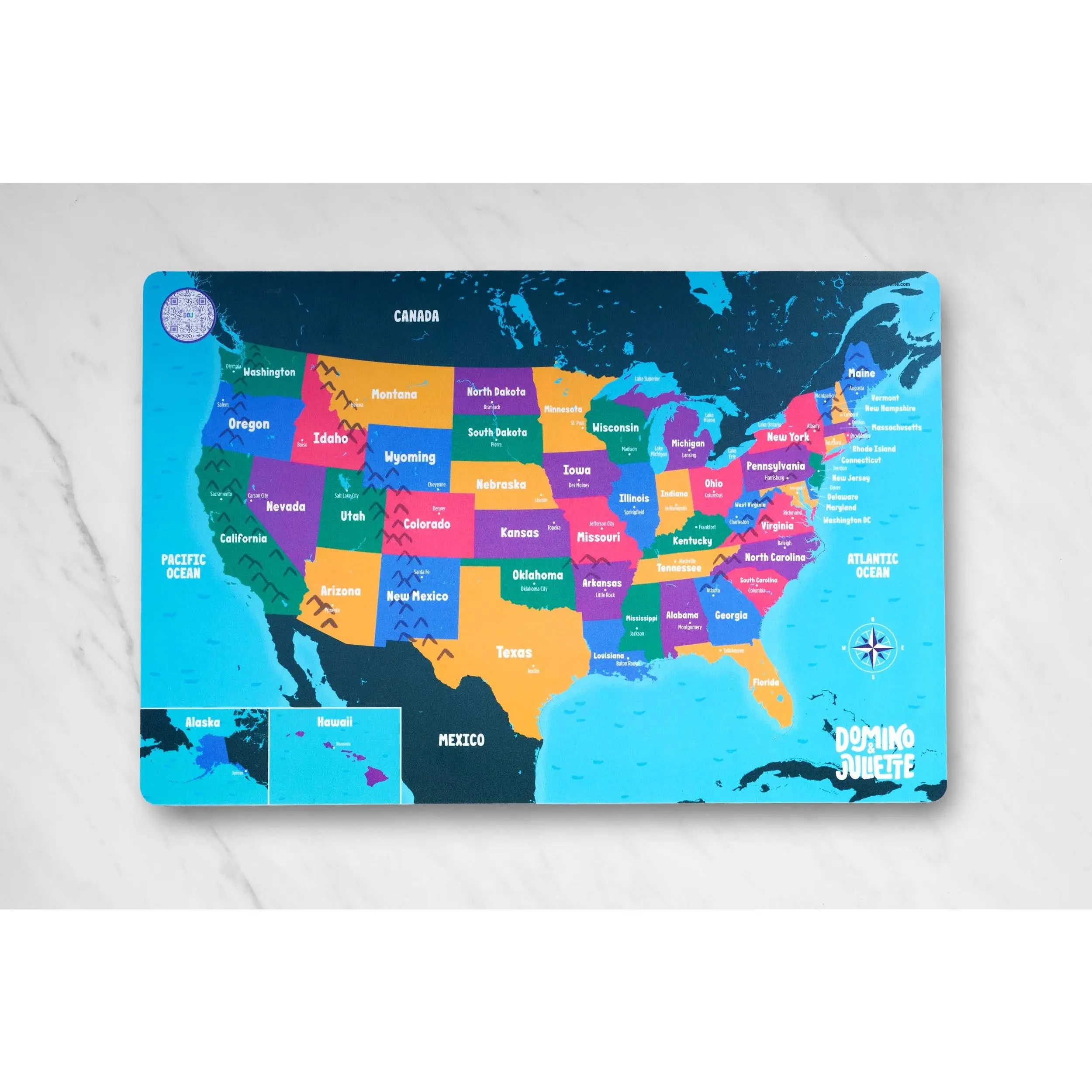 US Geography Placemat For Toddler & Kids - Double-Sided Non-Slip Educational Mat with QR Code Activity - Perfect For Preschool Learning ,Play & Mealtime