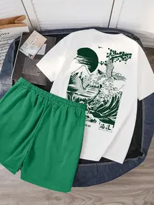Unisex Japanese Cultural Aesthetic 2-Piece Outfit: White Great Wave Graphic Tee & Green Elastic Baggy Shorts, Comfortable Daily Casual Wear Clothes Tops