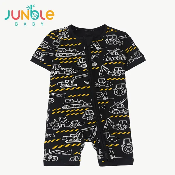 JUNBLEBABY Footie Pajamas for Unisex Baby & Toddler, Soft Bamboo Viscose, Construction Truck Print with 2-Way Zipper, Infant Toddler Clothes, Short Sleeve Tops, Basic