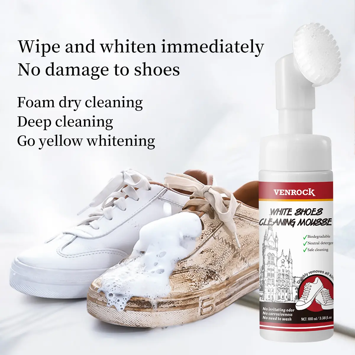 VENROCK White Shoe Cleaning Mousse | Waterless Foam Sneaker Cleaner with Built‑in Soft Brush, Stain & Yellowing Remover for All Footwear, Quick Dry No‑Wash Shoe Cleaner