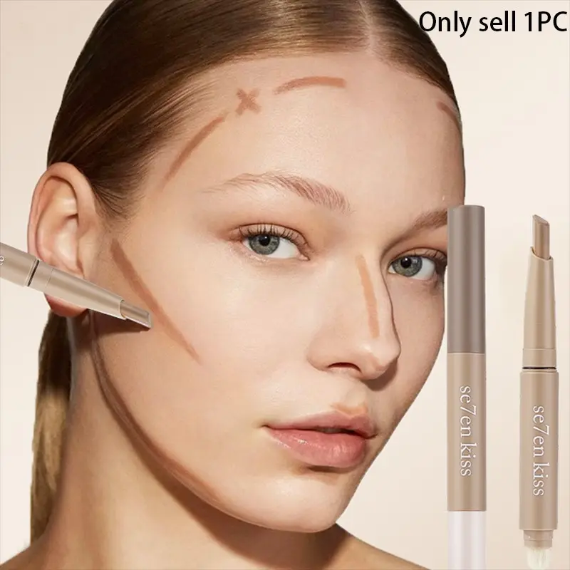 Dual-Headed Contour Stick Features Creamy Texture Two-Headed Design With Sickle Brush Natural 3D Look Waterproof Easy To Unload Multiple Uses Smooth Blur Bronzer