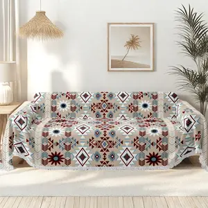 Boho Geometric Decorative Sofa Cover with Fringe, Universal Sofa Protector, Pet-Friendly Living Room Couch Slipcover, Easy Care Home Decor, Vintage Design, Multiple Sizes