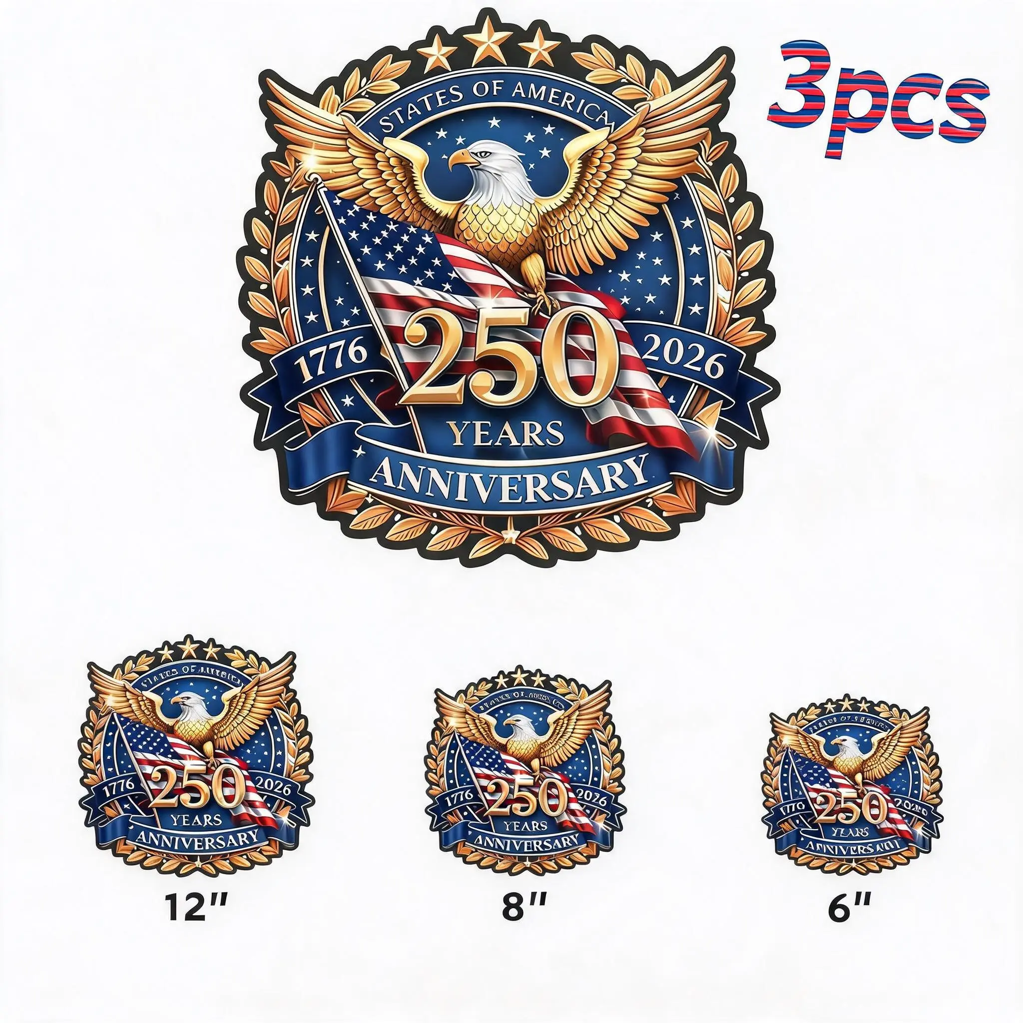 3pcs Flag Commemorative Vinyl Decals sticker - 6 Inches, 3 Sizes, eagle Water-Resistant Decal for Cars, Indoor Festive Decor for Laptop, Water Cup