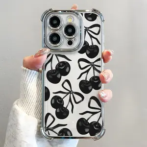 Black Cherry Pattern Smartphone Casing - Electroplated, Airbag Shockproof, Slim Soft TPU Cover, Cellphone Handheld Accessories for iPhone 11/12/13/14/15/16/17 Air Pro Promax Plus
