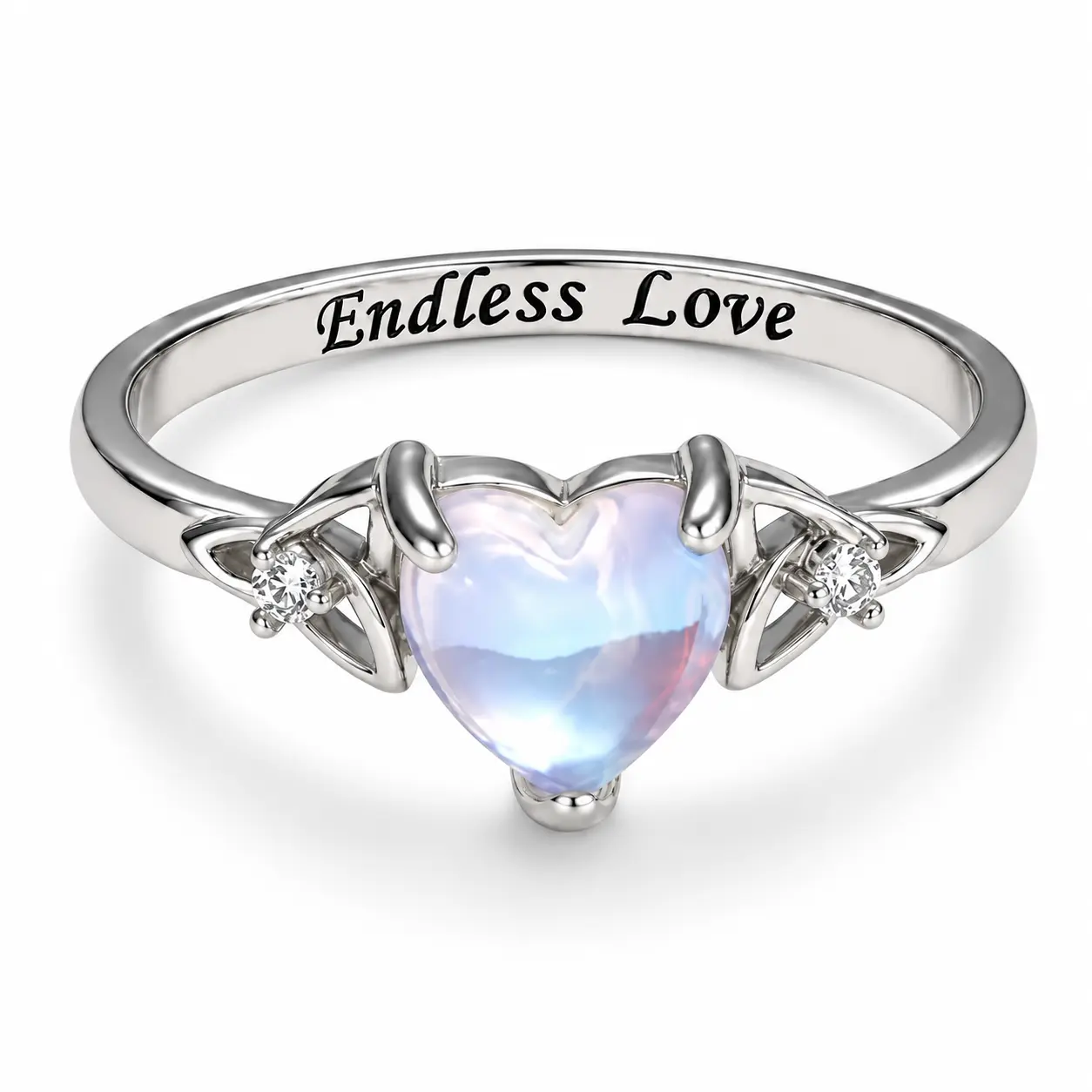 925 Heart Synthetic Moonstone Celtic Ring with 'Endless Love' Engraving, Elegant and Romantic Moon Knot Ring Women's Jewelry for Lover, Perfect Gift for Girls, Engagement Wedding Ring, for Daily Wear and Party, Christmas Gift