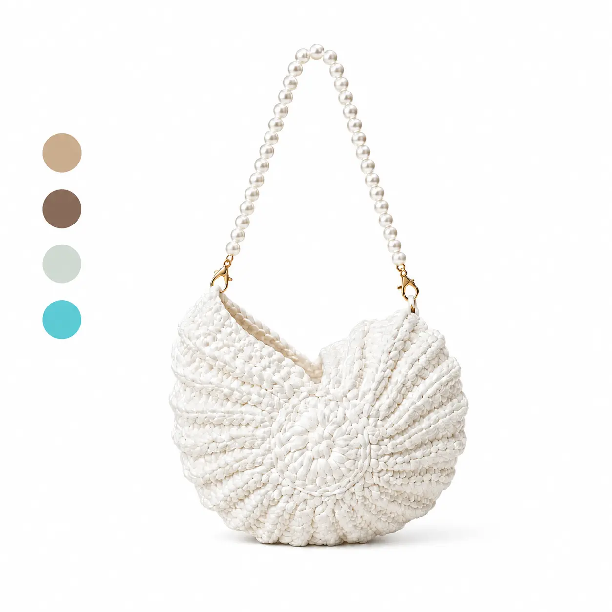 Handmade Crochet Seashell Purse with Pearl Chain, Boho Shoulder Bag for Women, Summer Beach Crossbody Bag