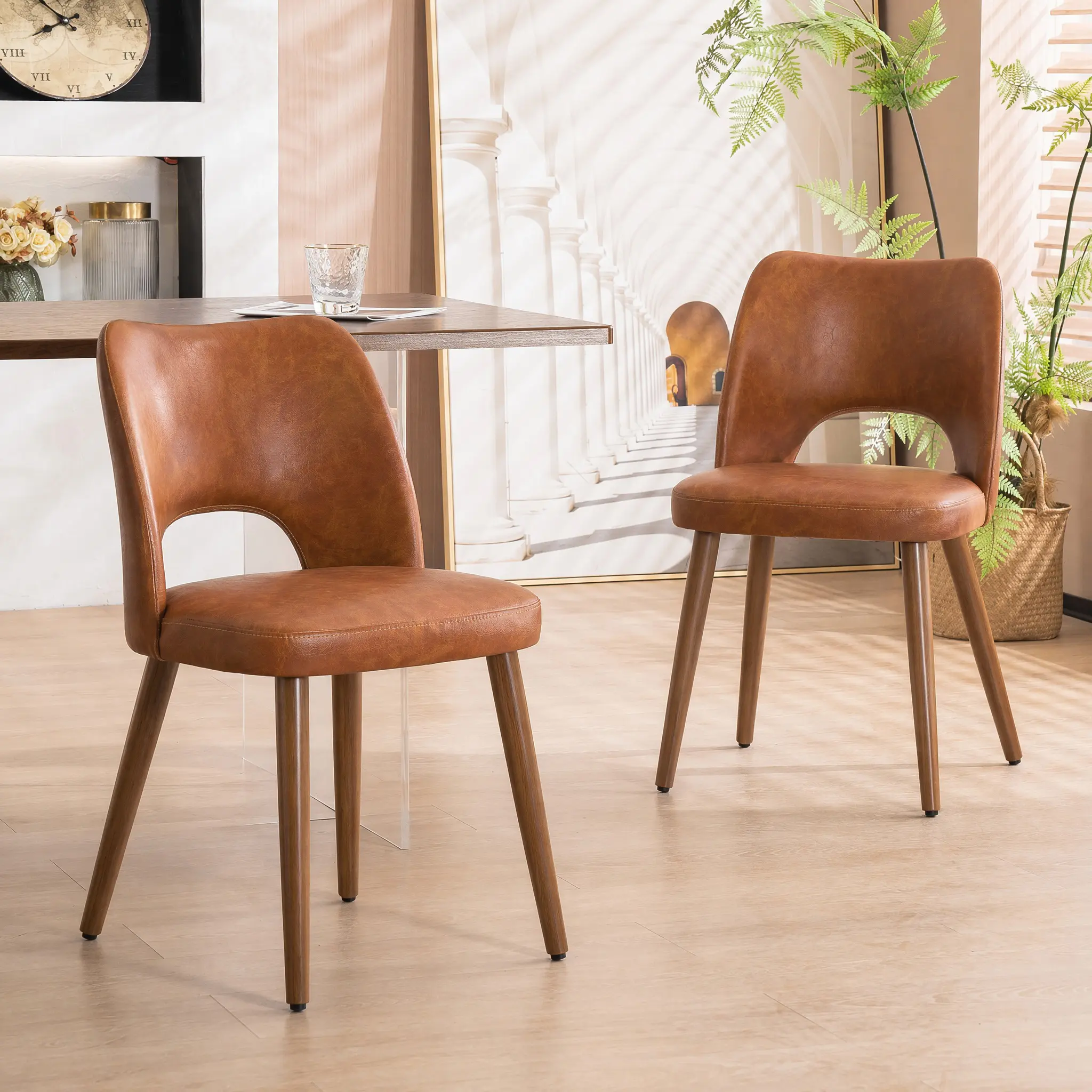 RIMIKING Vintage-Style Hollow-Out PU Leather Dining Chair,A box has two,Classic medieval-style look,Ergonomic and comfortable for long sitting，3008PU