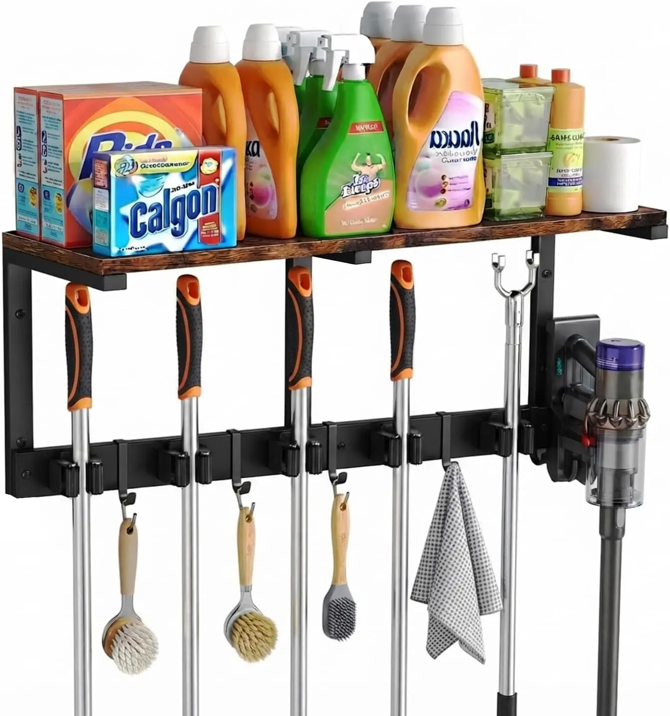 Wooden Wall-Mount Mop and Broom Holder Tool with Cleaning Supplies Organizer, Vacuum Stand, Rack Gripper, Laundry Room Storage Shelves, 5 Slots, 5 Hooks, Bath Hanger, Home Gift for Garage Kitchen