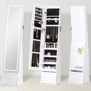 LED Mirror Jewelry Cabinet Standing 360°Swivel Armoire with Full Length Mirror & Large Wooden Drawer Storage 5 in 1 Organizer with 3-Color LED Lights