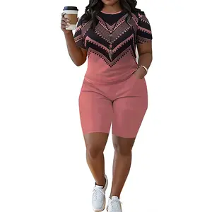 Summer Plus Size Tracksuit for Women - Short Sleeve Geometric T-Shirt & Biker Shorts Set, Fashion Streetwear Outfit with Pockets