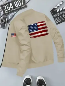 American Vintage Patriotic Windproof Baseball Jacket, Versatile Outerwear, Long Sleeve Fitted Casual Coat, Geometric Pattern, All Seasons
